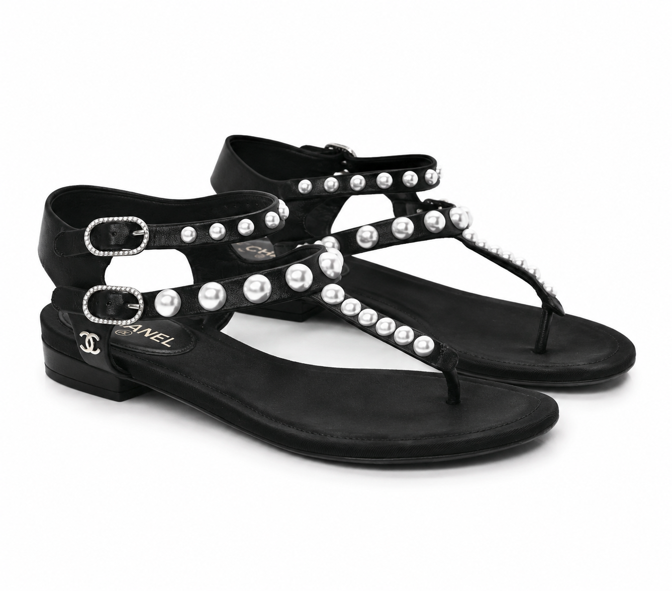 Chanel Black Lambskin Leather Pearl CC T-Strap Thong Sandals Size 38