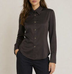 Just Cavalli Brown Satin Snap Front Blouse Shirt Long Sleeve Y2K Size M