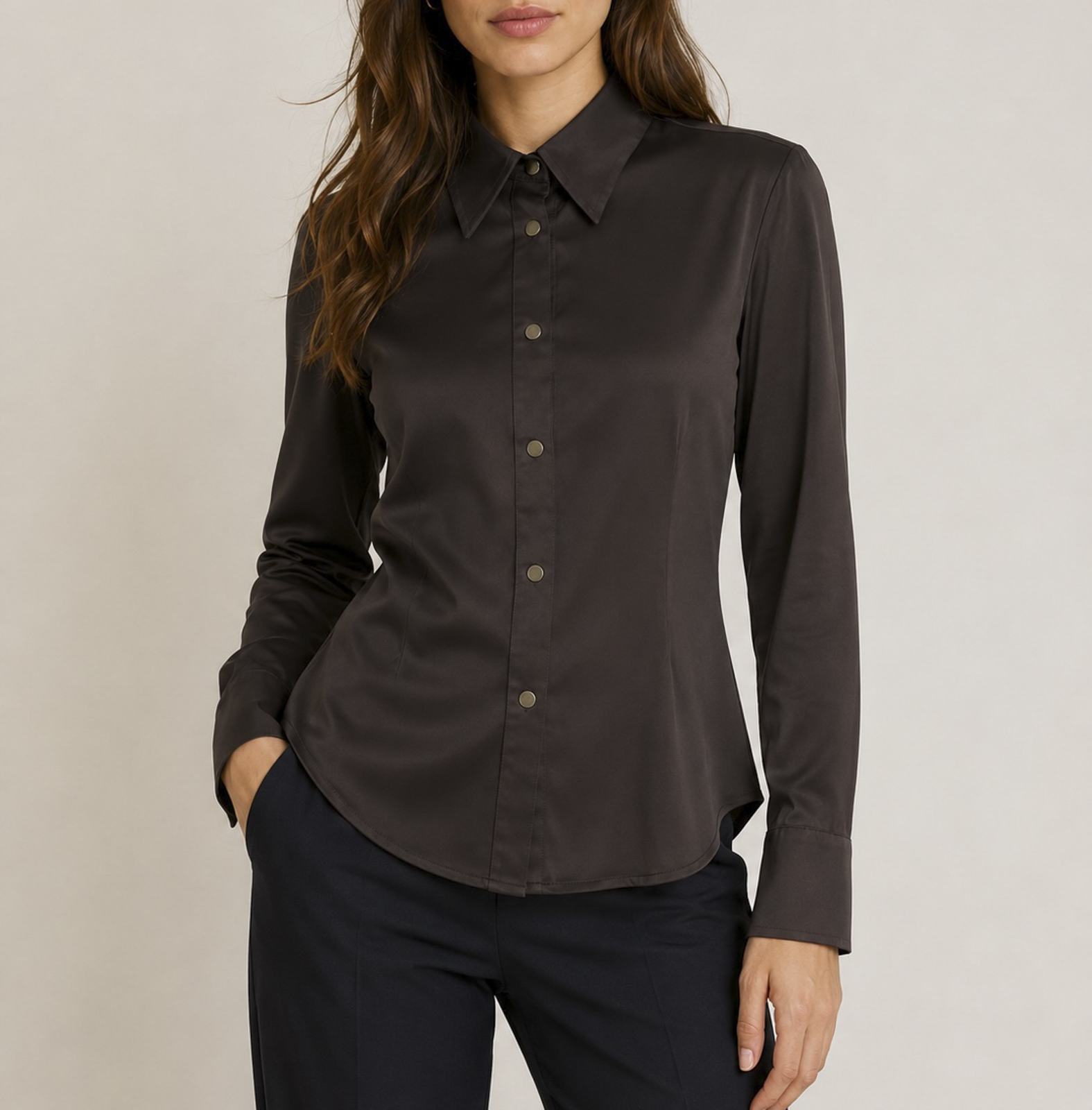 Just Cavalli Brown Satin Snap Front Blouse Shirt Long Sleeve Y2K Size M