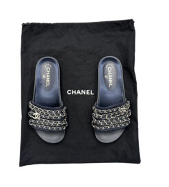 CHANEL Marine Navy Satin Canvas Chain CC Slide Sandals EU 37 Gold Logo Flat Mules