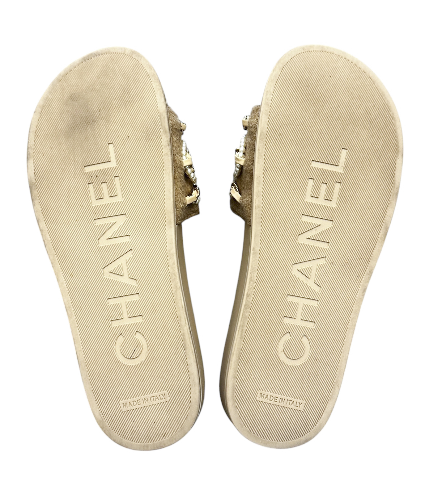 CHANEL Beige Pearl Chain CC Slide Sandals Wool Felt Gold EU 37 Made Italy - Image 5