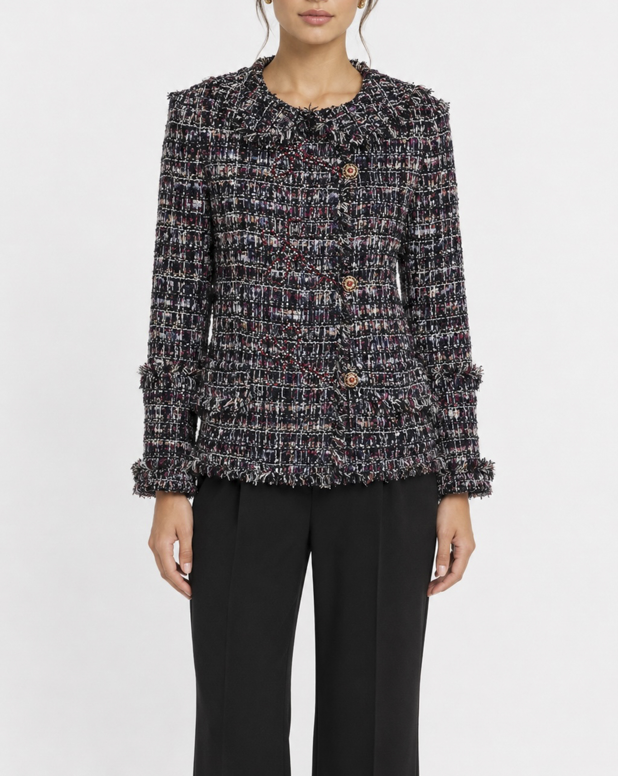 CHANEL 10C Runway Tweed Jacket Crystal Embroidered Fringe IT 42 Karl Lagerfeld