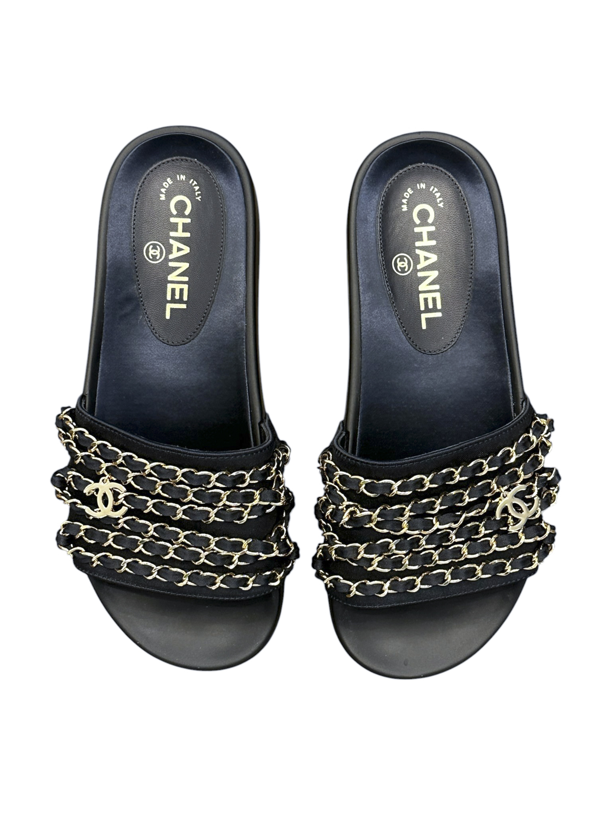 CHANEL Marine Navy Satin Canvas Chain CC Slide Sandals EU 37 Gold Logo Flat Mules - Image 5