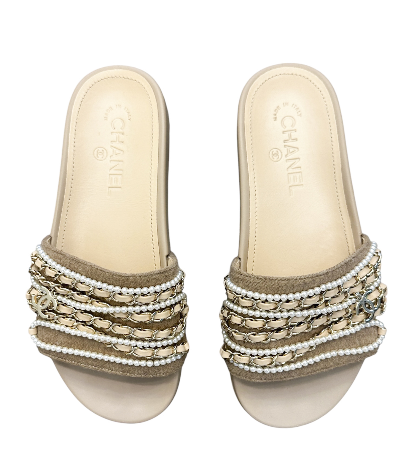 CHANEL Beige Pearl Chain CC Slide Sandals Wool Felt Gold EU 37 Made Italy