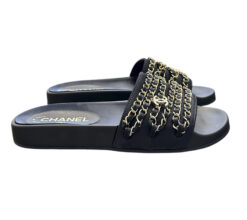 Alternative view of CHANEL Marine Navy Satin Canvas Chain CC Slide Sandals EU 37 Gold Logo Flat Mules