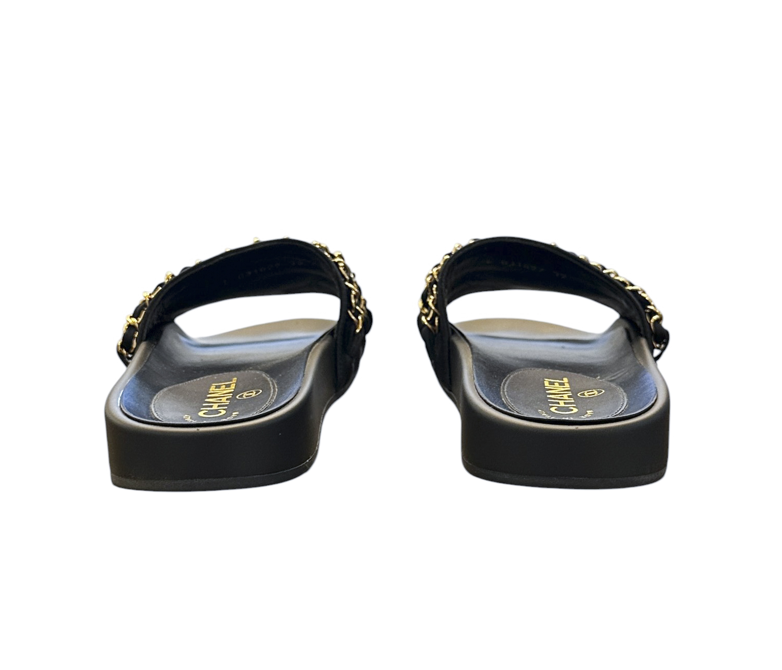 CHANEL Marine Navy Satin Canvas Chain CC Slide Sandals EU 37 Gold Logo Flat Mules - Image 6