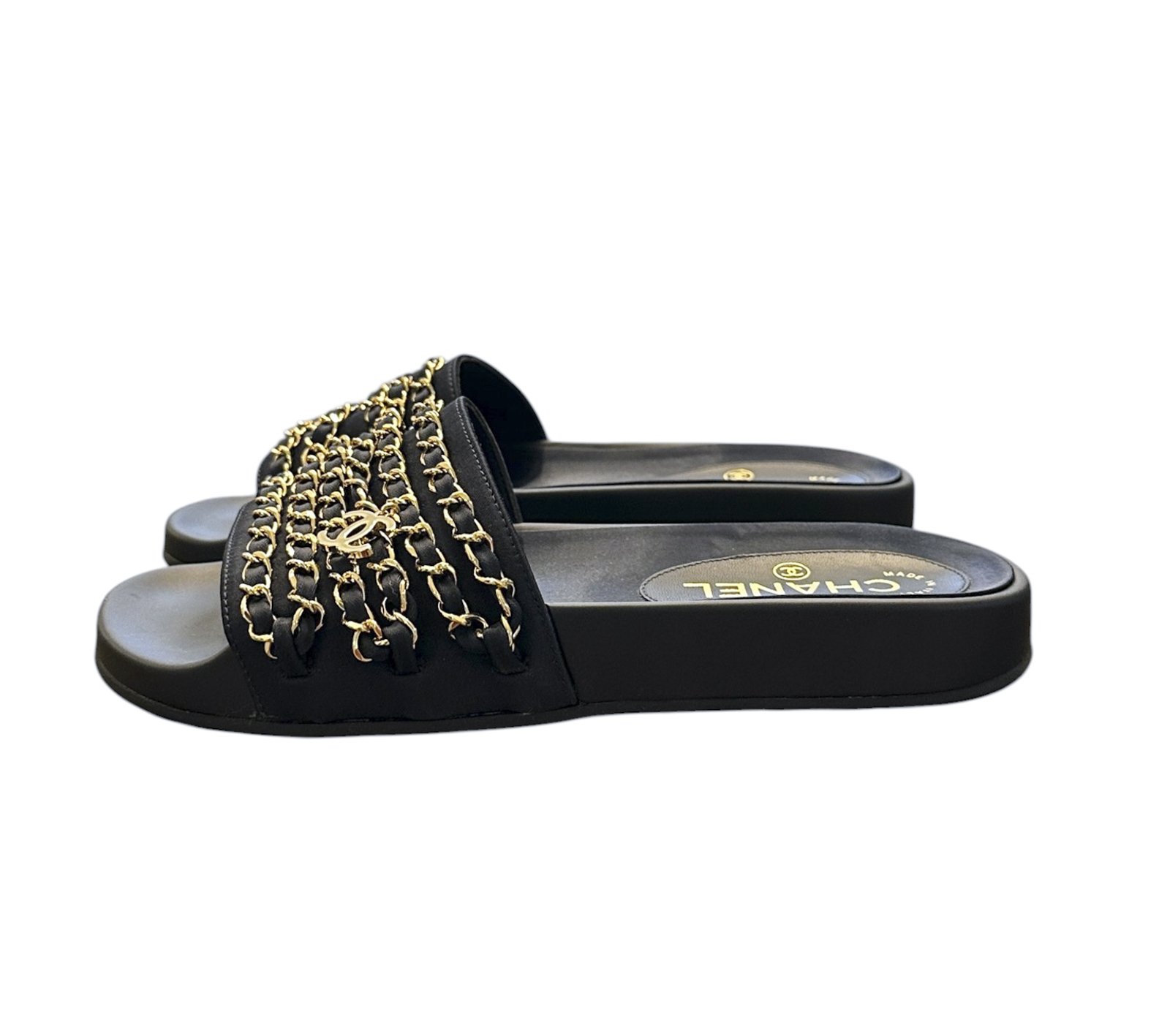 CHANEL Marine Navy Satin Canvas Chain CC Slide Sandals EU 37 Gold Logo Flat Mules - Image 4