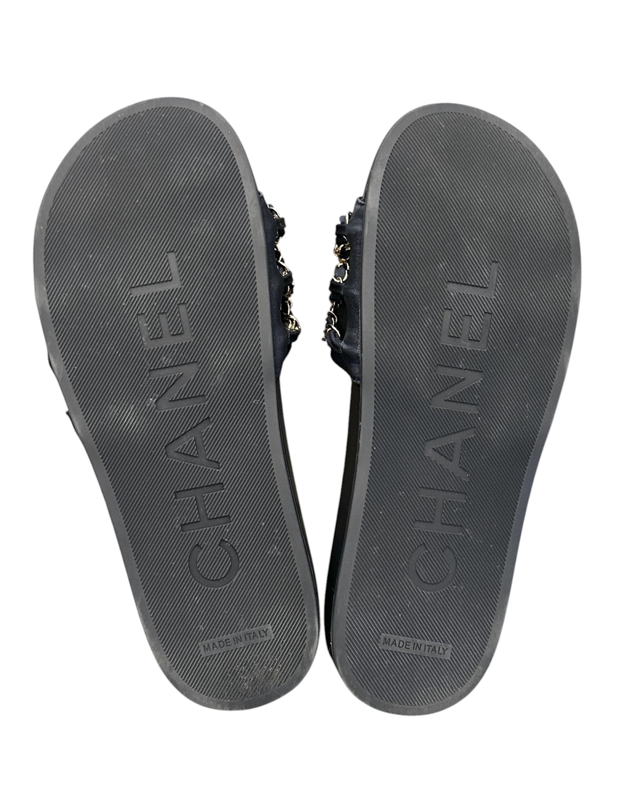 CHANEL Marine Navy Satin Canvas Chain CC Slide Sandals EU 37 Gold Logo Flat Mules - Image 8
