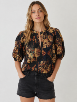 Ulla Johnson Tillie Floral Cotton Blouse Puff Sleeve Blue Brown Women's 0