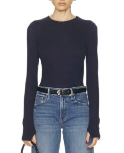 Enza Costa Cashmere Easy Cuff Top Small Crew Neck Long Sleeve Thumbhole Blue