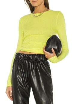 Enza Costa Silk Bold Ribbed Long Sleeve Crew Neck Top Neon Yellow XS Made in USA