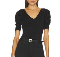 FRAME Ruched Sleeve Top Black Jersey V-Neck Puff Sleeve Knit Blouse XS
