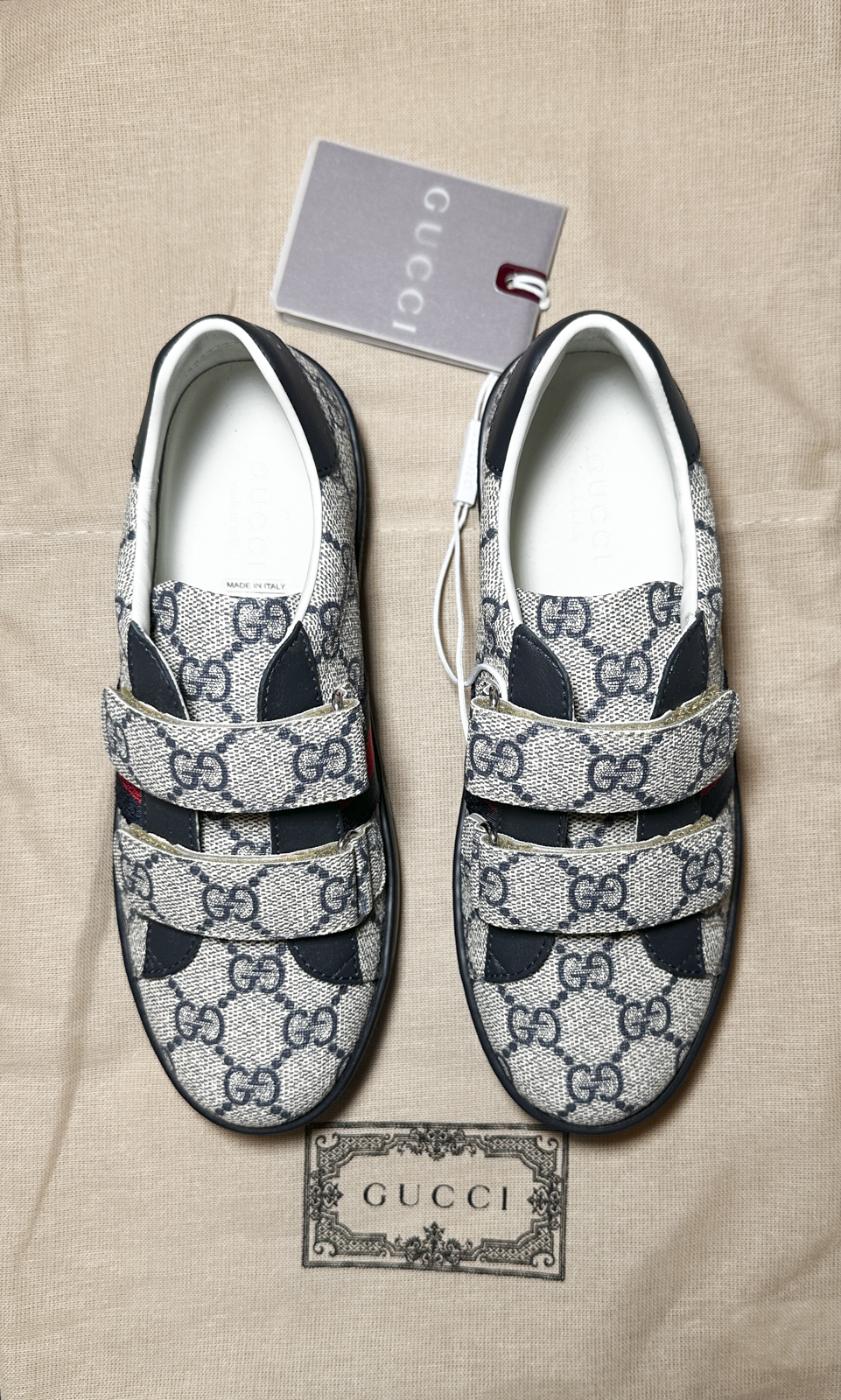 Gucci Kids Teen Ace GG Supreme Blue Gray 3 Strap Sneakers EU 33 NWT - Image 8