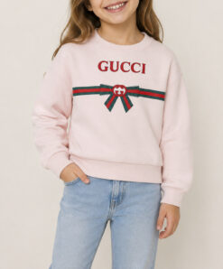 Gucci Kids Pink Logo Web Bow Cotton Sweatshirt Girls Size 6 120cm