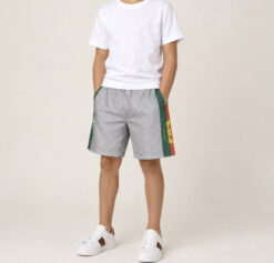 Gucci Boys GG Logo Swim Shorts Gray Green Orange Size 6 Monogram Web Trim