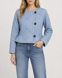 Le Jean Daria Fleur Quilted Peplum Jacket Blue Button Front XS NWOT