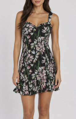 LIKELY Charleigh Floral Smocked Ruffle Mini Dress Black Multi Size 2