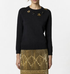 Le Superbe Dripping Daisy Black Wool Beaded Crewneck Sweater Size XS NWT $375