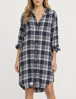 Frank & Eileen Mary Plaid Linen Shirt Dress Navy White Long Sleeve Small NWOT