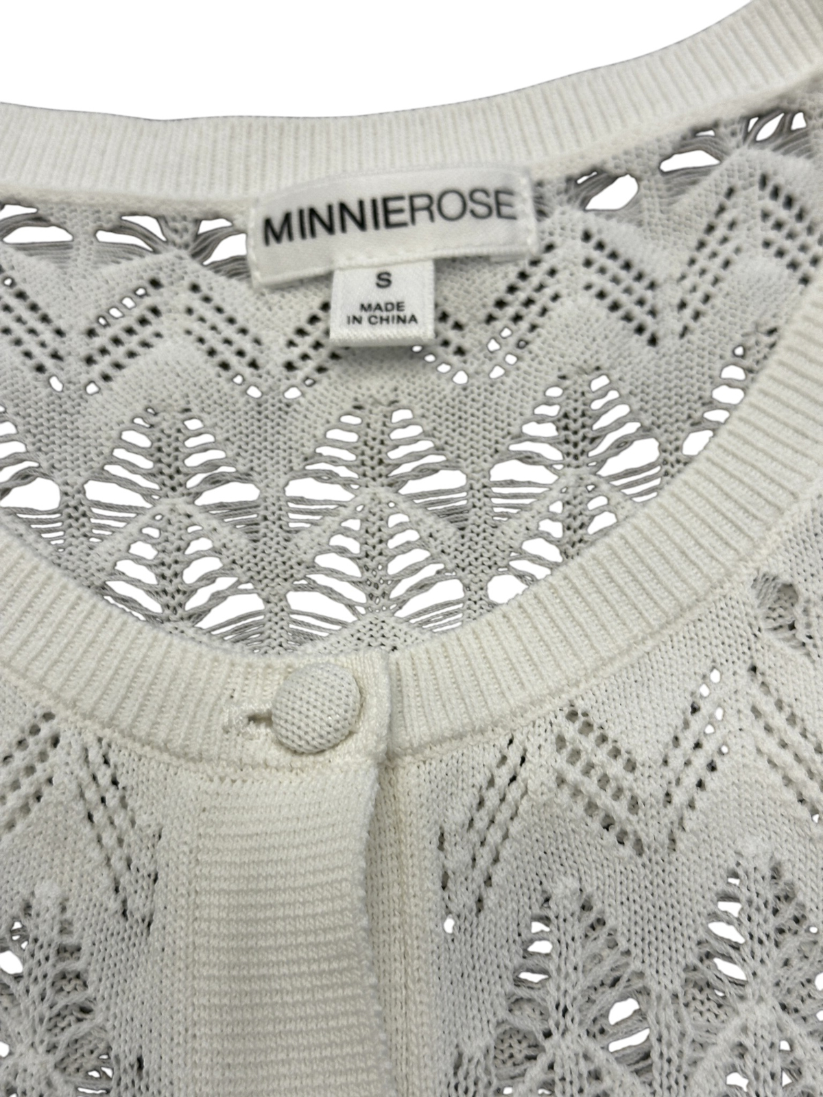 Minnie Rose White Chevron Pointelle Open Knit Cropped Cardigan Sweater Small - Image 3
