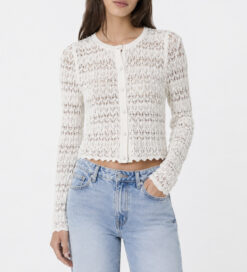 Minnie Rose White Chevron Pointelle Open Knit Cropped Cardigan Sweater Small