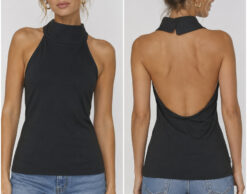 Vintage MOSCHINO Jeans Top 44/10 Black Open Back Mock Neck Halter Y2K Italy