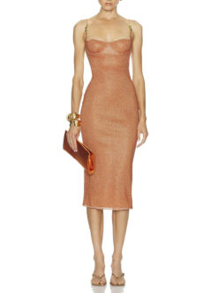Oseree Glazed Lumiere Orange Metallic Midi Dress Size S NWT $425