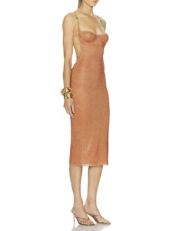 Alternative view of Oseree Glazed Lumiere Orange Metallic Midi Dress Size S NWT $425