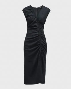 Alternative view of Rails Auren Black Ruched V Neck Midi Dress Side Slit Cap Sleeve NWT XS