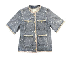Alternative view of Sandro Paris Tweed Trim Denim Short Sleeve Jacket Blue Button Front Size S