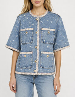 Sandro Paris Tweed Trim Denim Short Sleeve Jacket Blue Button Front Size S