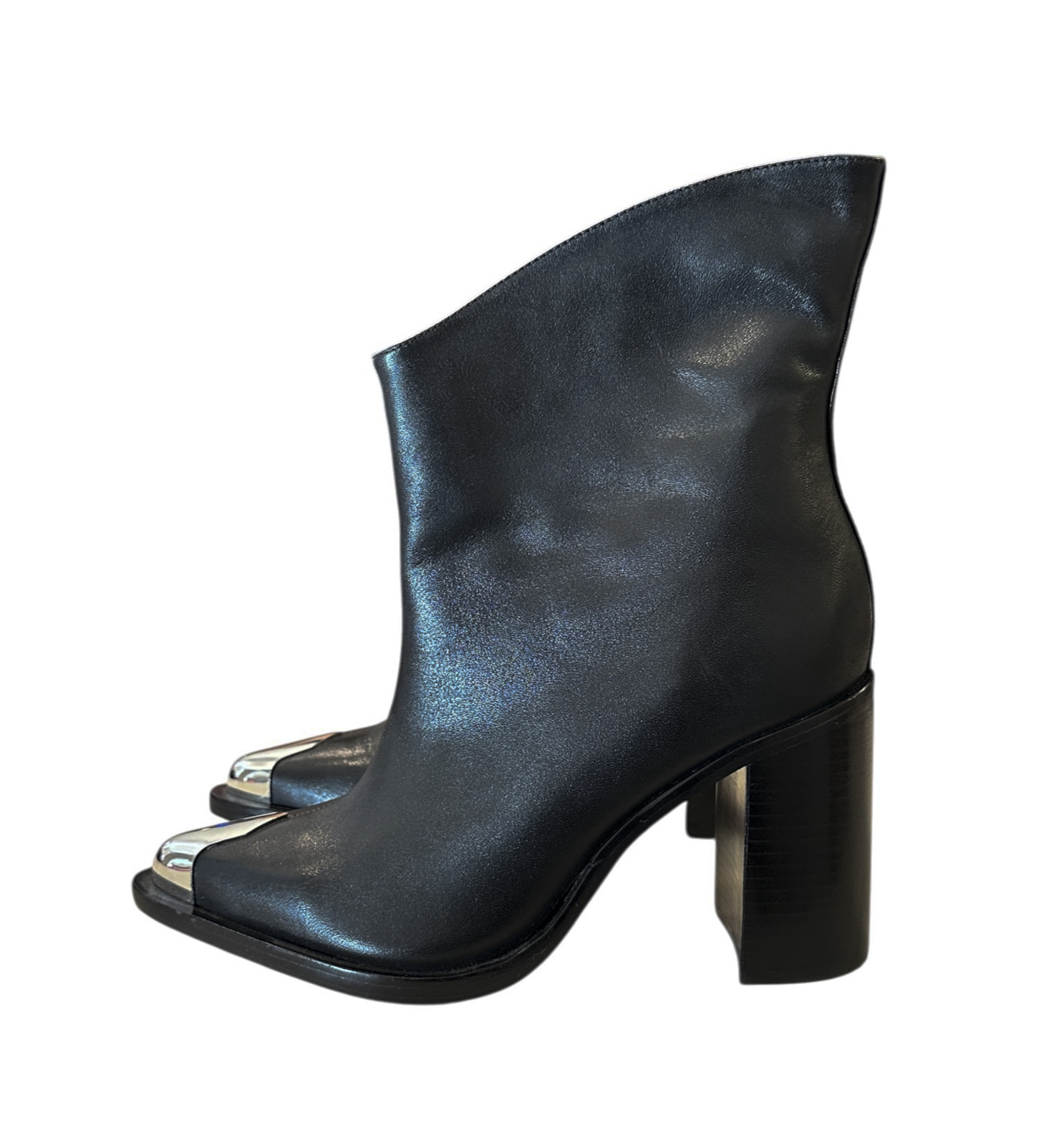 SCHUTZ Blaze Boots 7 Black Leather Silver Metal Toe Cap Block Heel NEW - Image 6