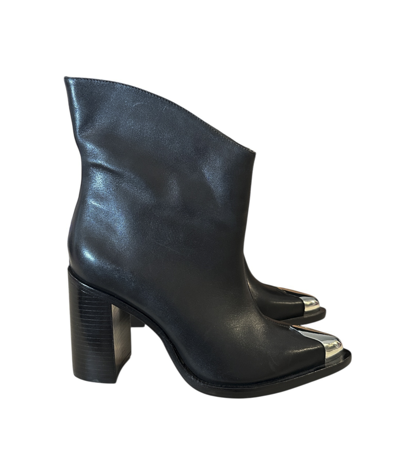 SCHUTZ Blaze Boots 7 Black Leather Silver Metal Toe Cap Block Heel NEW - Image 3