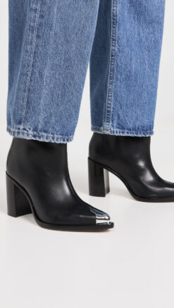 SCHUTZ Blaze Boots 7 Black Leather Silver Metal Toe Cap Block Heel NEW