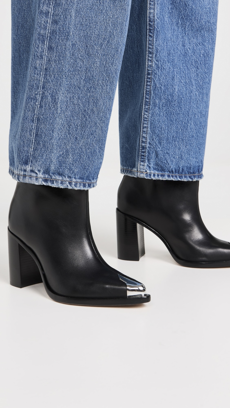 SCHUTZ Blaze Boots 7 Black Leather Silver Metal Toe Cap Block Heel NEW