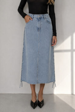 SEA New York Flyn Blue Denim Lace Up Side Midi Skirt Size 4