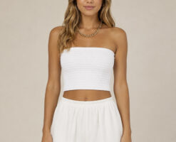 STAUD Davis Faux Leather Strapless Bandeau Crop Top Ivory Women's Small