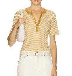 The Great. Baseline Henley Tee Bronze Stripe Rib Knit Top NWT XS 0 Cotton