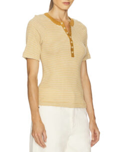 Alternative view of The Great. Baseline Henley Tee Bronze Stripe Rib Knit Top NWT XS 0 Cotton