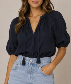 Ulla Johnson Laurenza Navy Pintuck Cotton Puff Sleeve Blouse Top Size 0