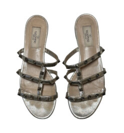 Valentino Garavani Rockstud Pewter Metallic Leather Caged Flat Slide Sandals Size 37