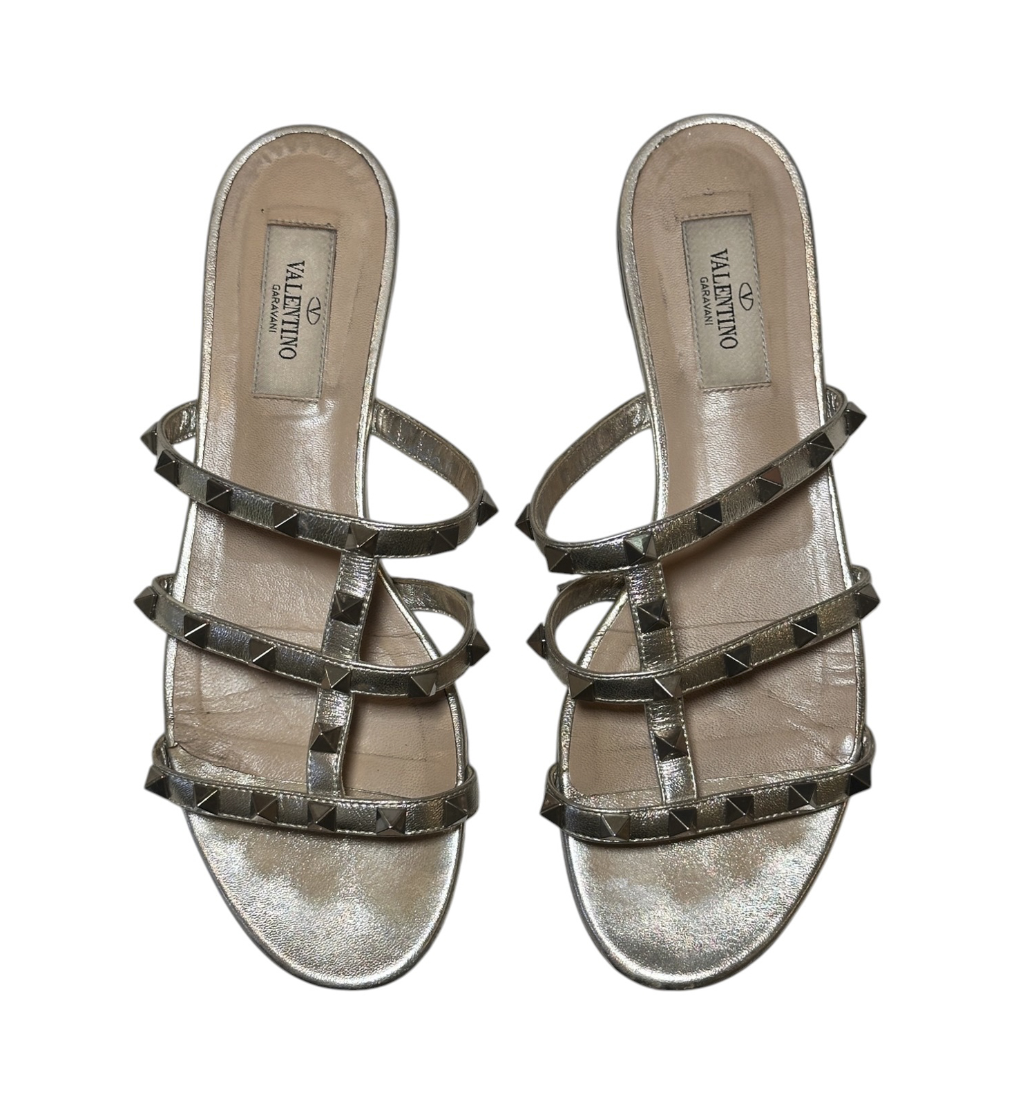 Valentino Garavani Rockstud Pewter Metallic Leather Caged Flat Slide Sandals Size 37
