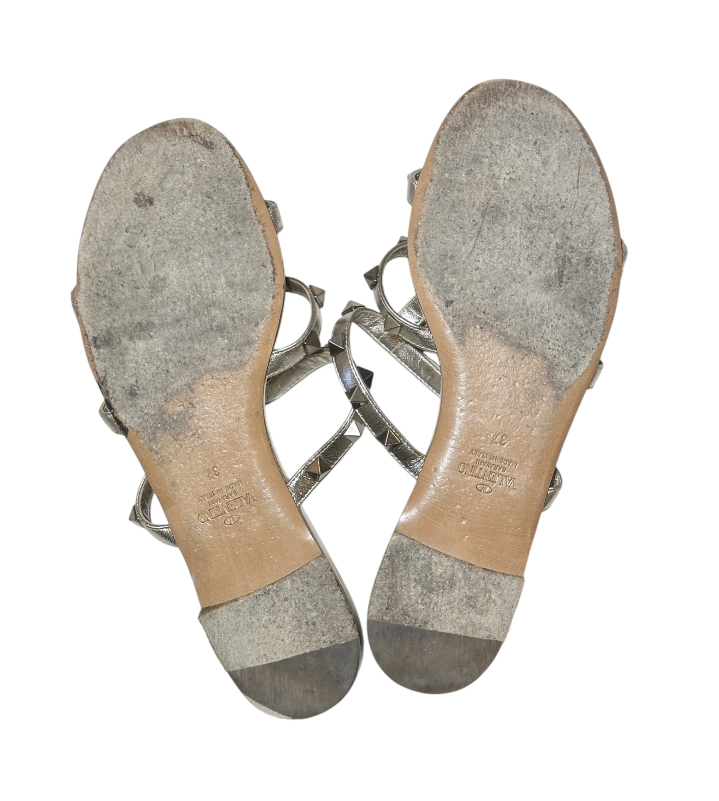 Valentino Garavani Rockstud Pewter Metallic Leather Caged Flat Slide Sandals Size 37 - Image 7