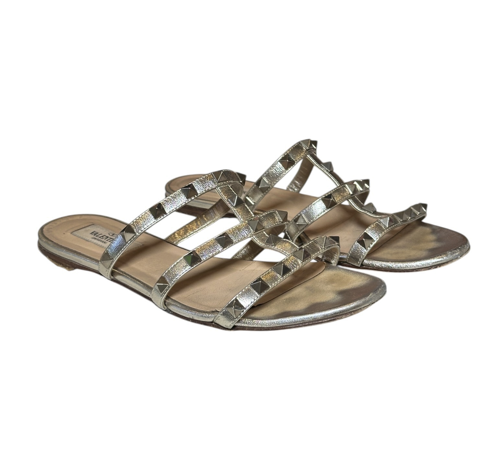 Valentino Garavani Rockstud Pewter Metallic Leather Caged Flat Slide Sandals Size 37 - Image 2