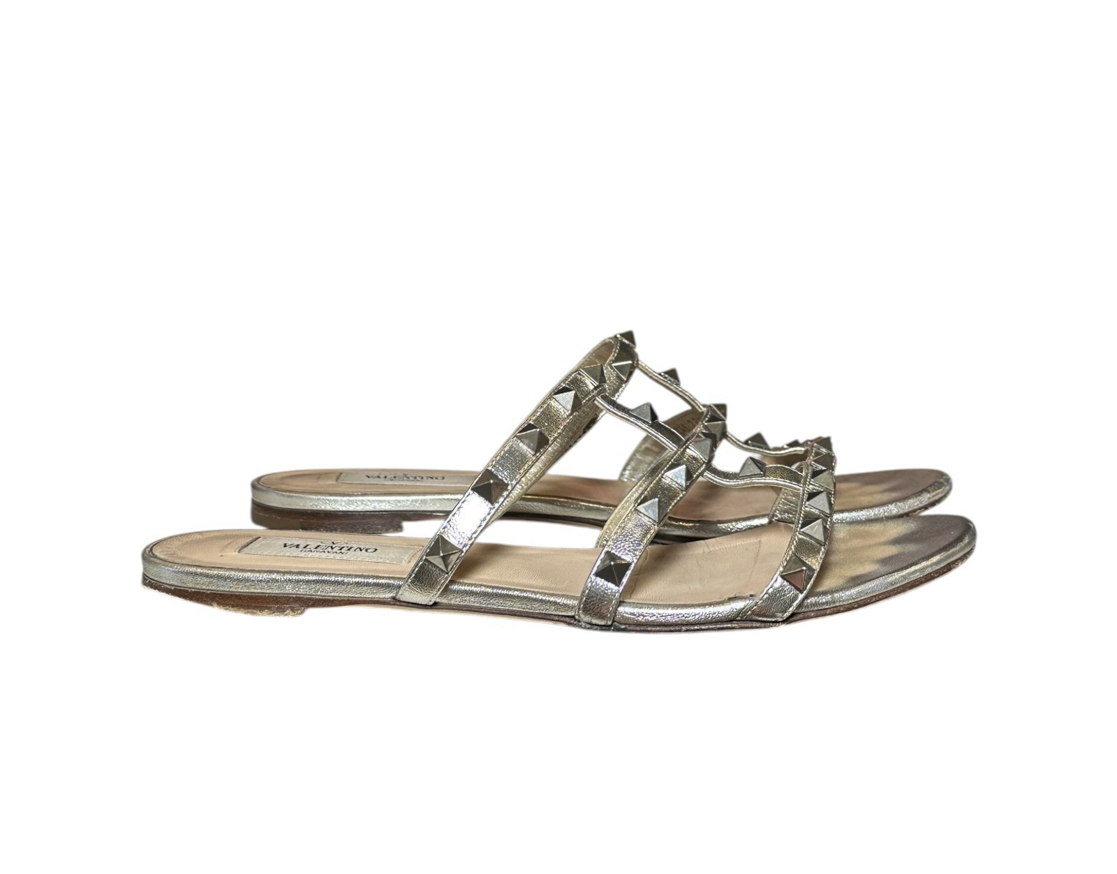 Valentino Garavani Rockstud Pewter Metallic Leather Caged Flat Slide Sandals Size 37 - Image 3