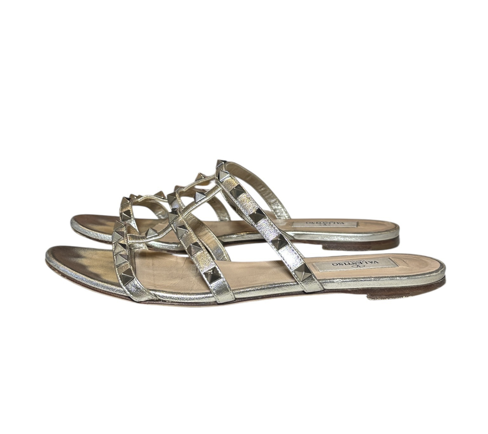 Valentino Garavani Rockstud Pewter Metallic Leather Caged Flat Slide Sandals Size 37 - Image 4