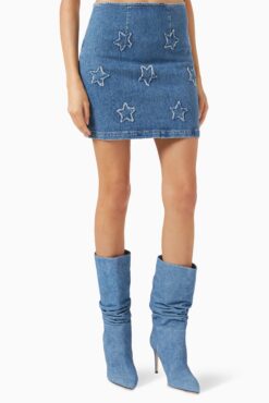 LE JEAN Star Blue Denim Mini Skirt Frayed Star Applique Size XS