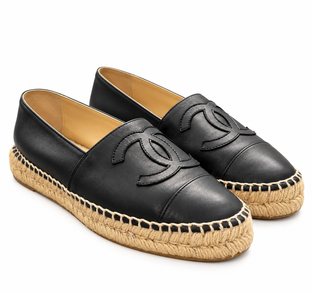 Chanel Black Lambskin Interlocking CC Logo Cap Toe Espadrille Flats Shoes 35/5