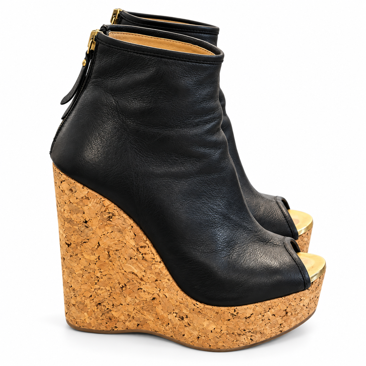 Jimmy Choo Black Leather Peep Toe Cork Wedge Platform Ankle Booties 35 - Image 2