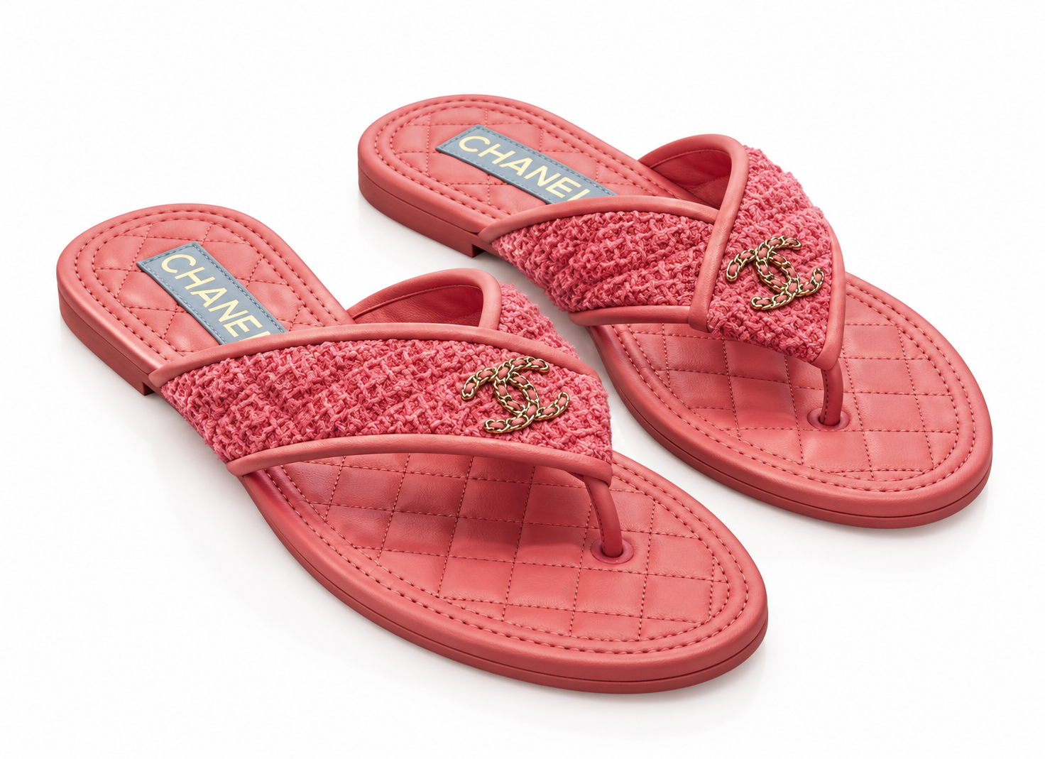 CHANEL NIB Pink Tweed Quilted CC Logo Thong Flat Sandals Shoes 37.5